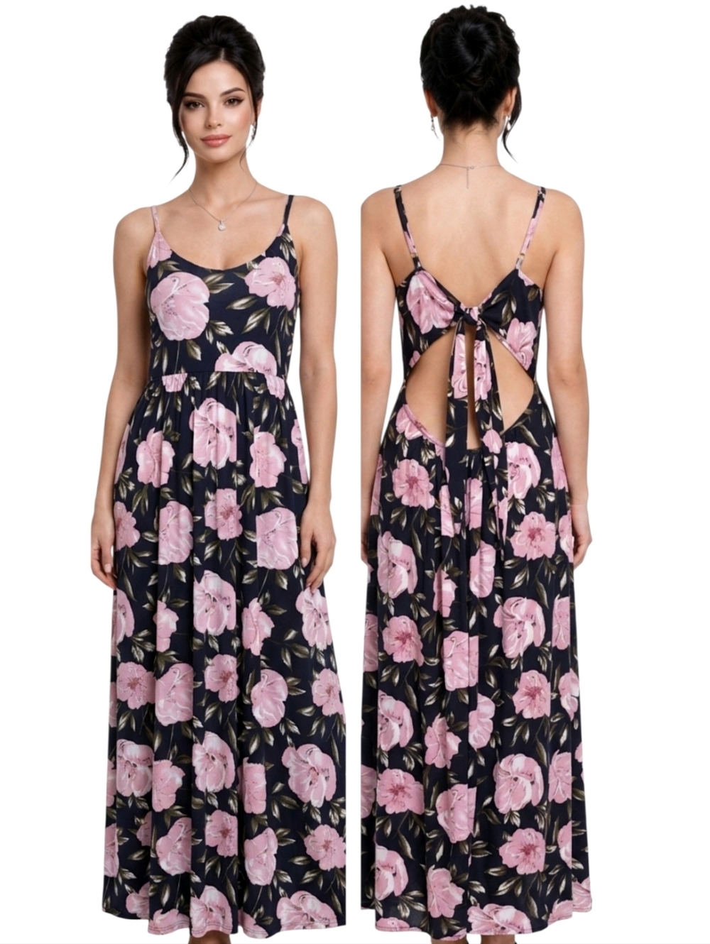 Lascana Black & Pink Floral Print Scoop Neck Tie Back Maxi Dress Size XL